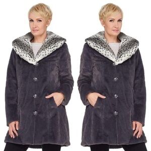 Dennis Basso GOLD Grey Faux Fur Hooded Coat